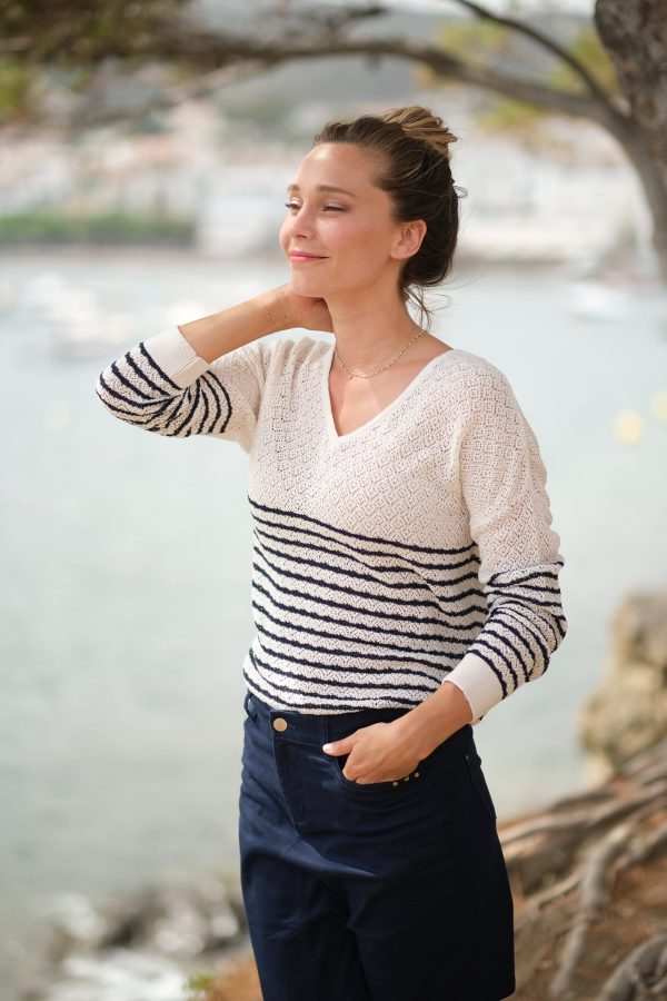 Pull rayé en maille fantaisie ajourée Octavie