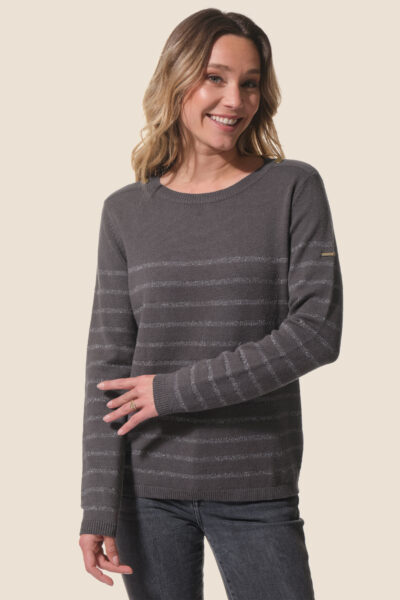 Pull femme col rond avec boutons épaules et rayures métallisées Mosaline