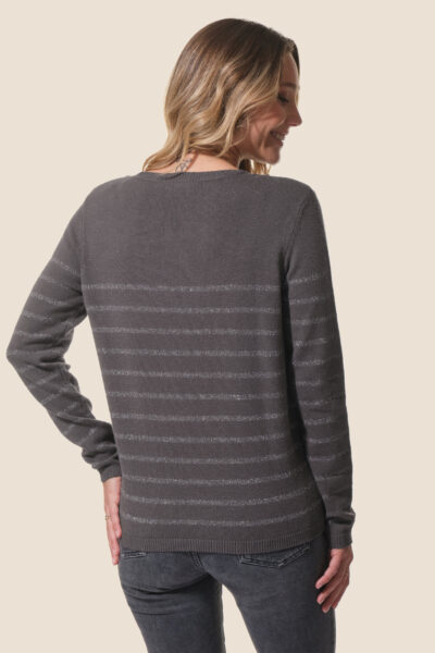 Pull femme col rond avec boutons épaules et rayures métallisées Mosaline