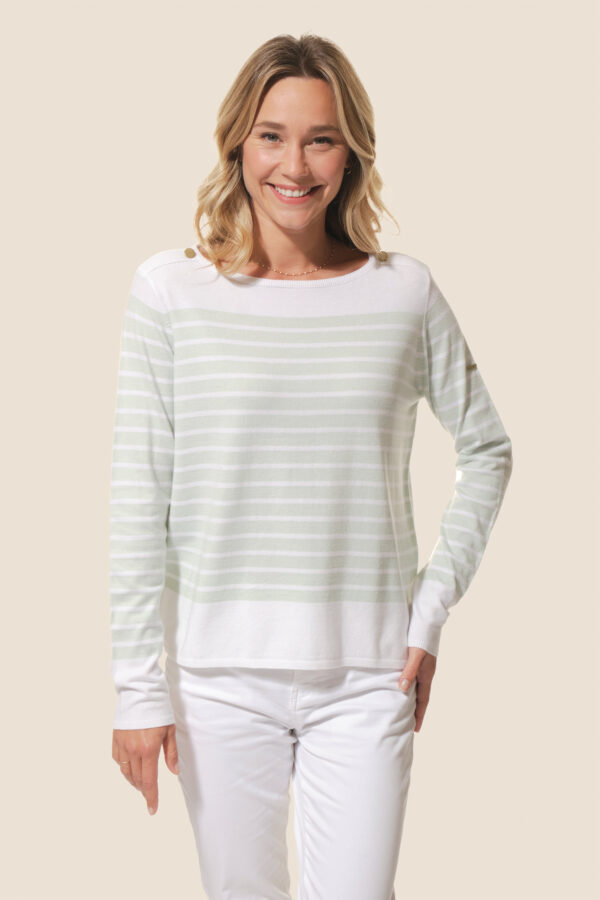 Pull femme rayé col bateau en viscose – Sollange – Ice Mint/Blanc