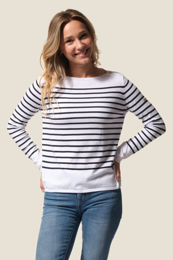 Pull femme rayé col bateau en viscose – Sollange – Blanc/Marine