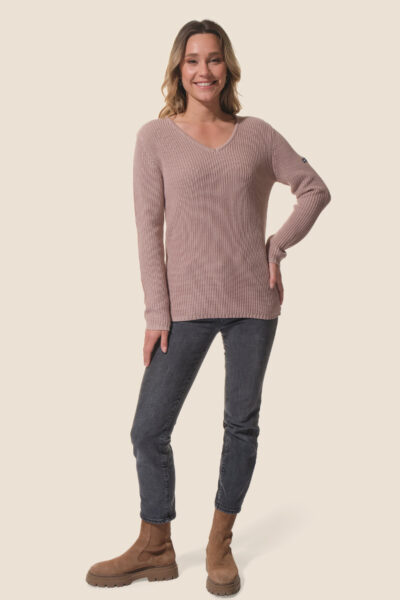 Pull femme uni en maille col V en côte perlée, Pivoine