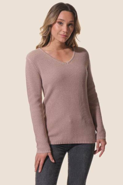 Pull femme uni en maille col V en côte perlée, Pivoine