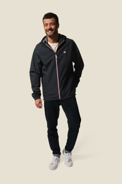 Coupe-vent homme court zippé à capuche, tissu imperméable, déperlant et respirant