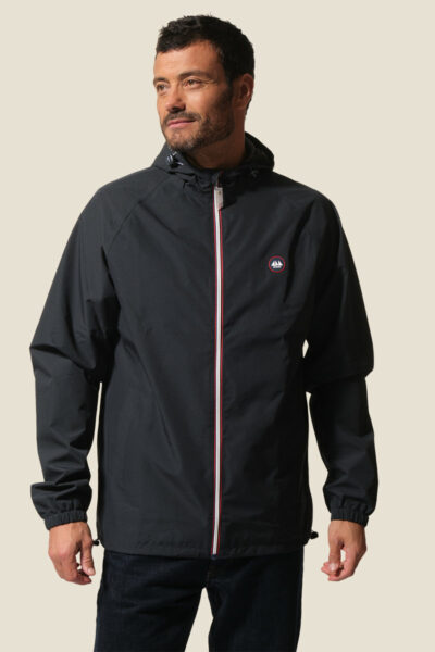 Coupe-vent homme court zippé à capuche, tissu imperméable, déperlant et respirant