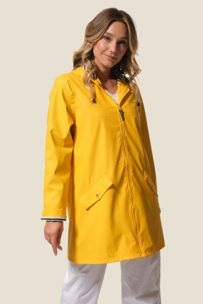 ciré femme zippé à capuche mi-long, doublé jersey rayé et nylon, Lola