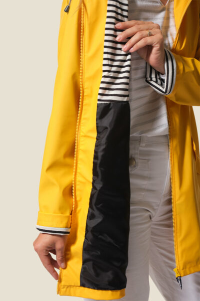 ciré femme zippé à capuche mi-long, doublé jersey rayé et nylon, Lola