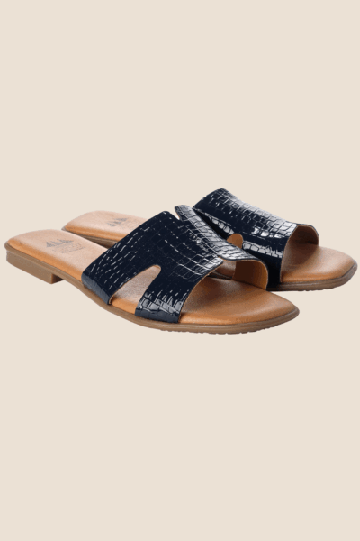 Sandales en cuir pour femme plates effet croco marine