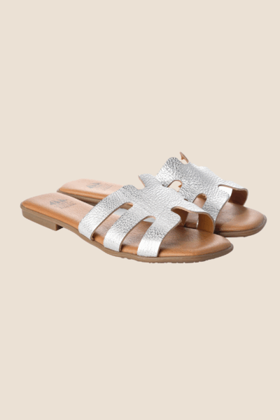 Sandales en cuir pour femme plates argenté