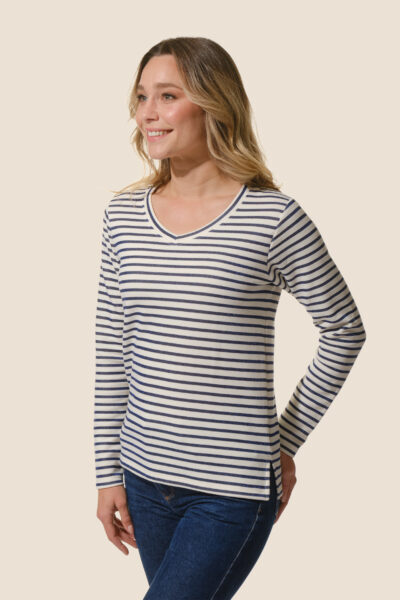 Tee-shirt femme rayé manches longues avec col V, Alice