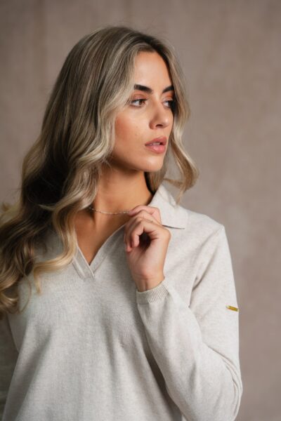 Pull femme en maille col V esprit polo, fil métallisé, Serena