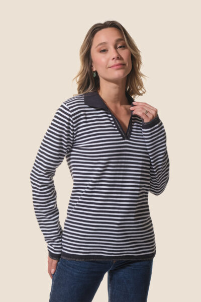 Pull femme en maille col V esprit polo, fil métallisé, Serena