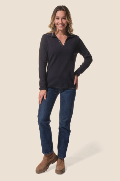 Pull femme en maille col V esprit polo, fil métallisé, Serena