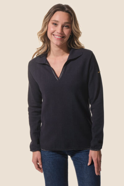 Pull femme en maille col V esprit polo, fil métallisé, Serena
