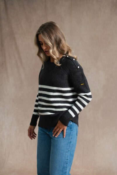 Pull femme col rond avec boutons épaules, en côte perlée Michelle