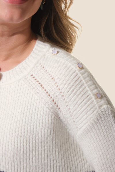 Pull femme col rond avec boutons épaules, en côte perlée Michelle