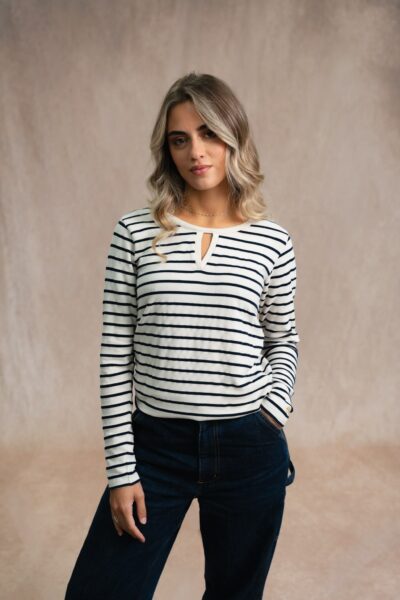 Tee-shirt femme manches longues en maille douce avec col fantaisie rayé Marjorie