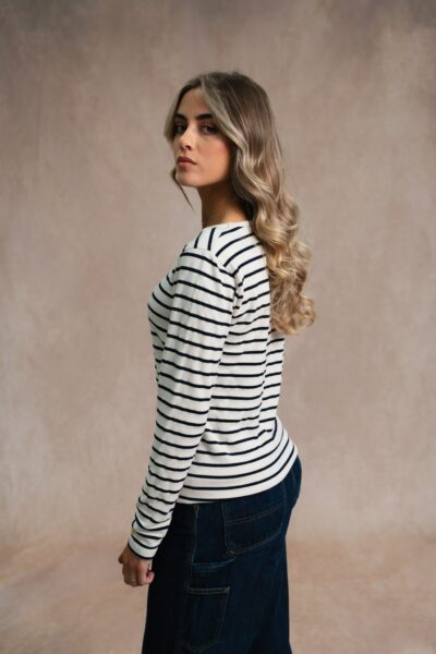 Tee-shirt femme manches longues en maille douce avec col fantaisie rayé Marjorie