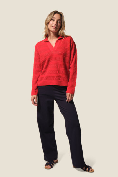 Pull femme col V en maille ajourée Cherry