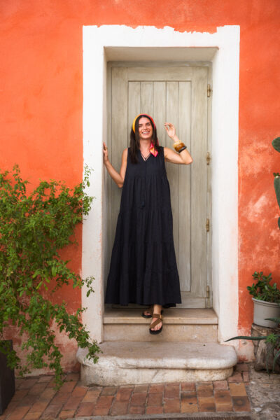 Robe longue avec volants et imprimé coeur femme