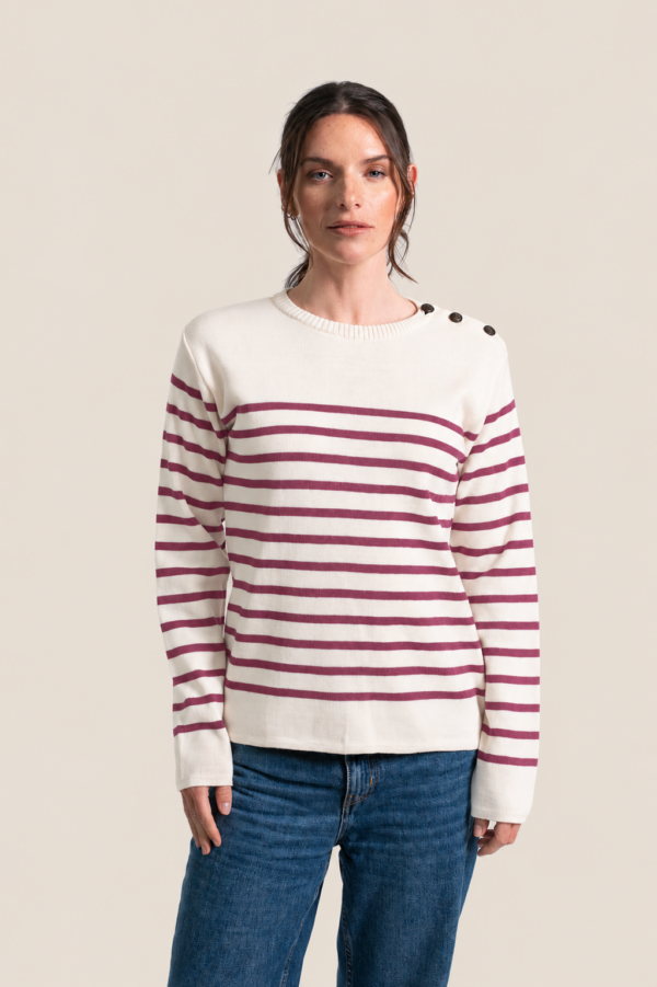 Pull Marinière femme VISCOSE patte épaule Gabrielle – Ecru Clair/Raspberry