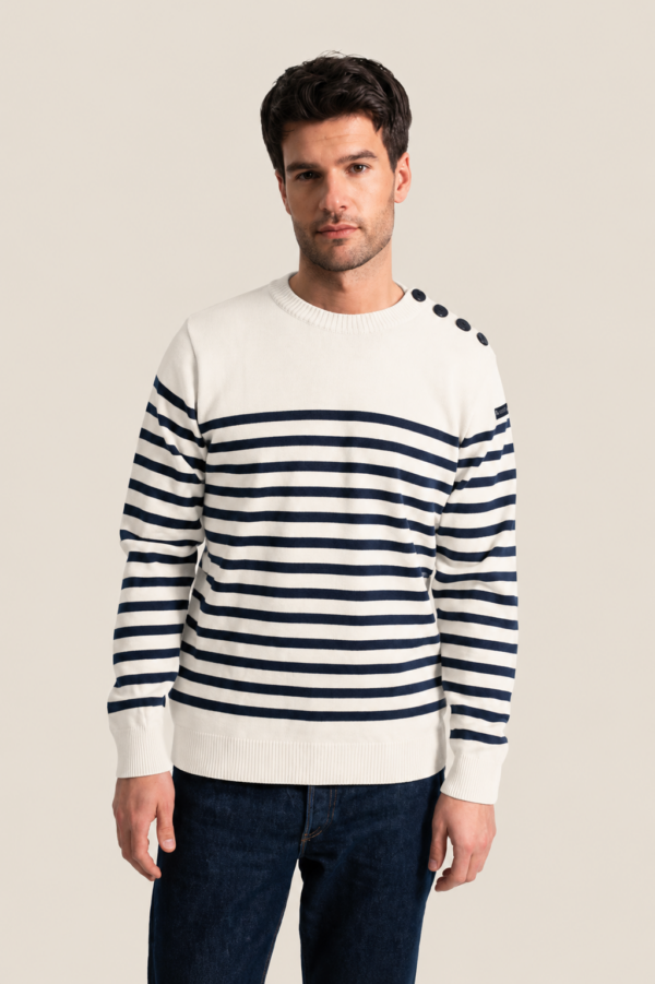 Pull marin homme en maille Mérinos Eugene – Écru/Marine