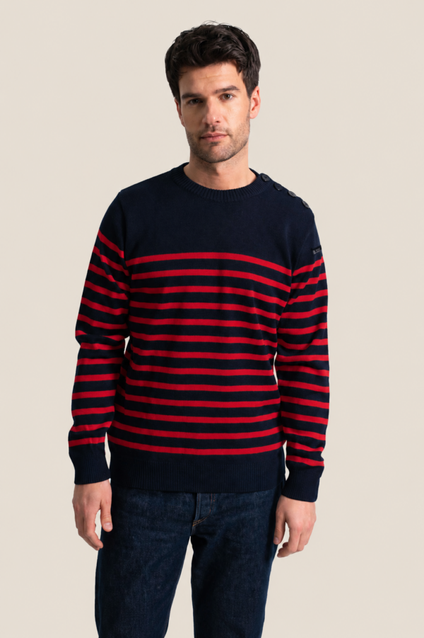 Pull marin homme en maille Mérinos Eugene – Marine/Rouge