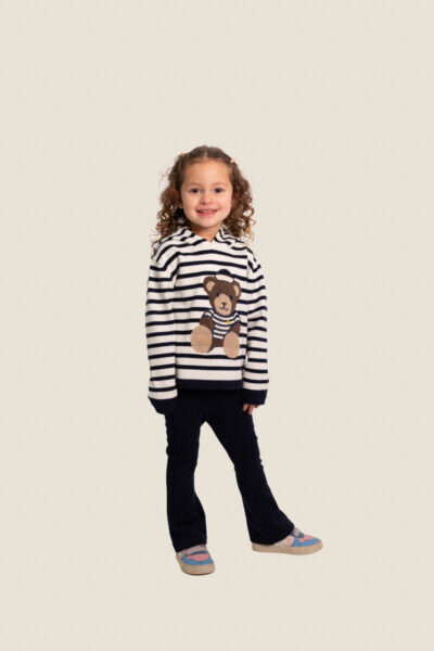 Ensemble fille en maille, pull rayé animation ours et pantalon évasé