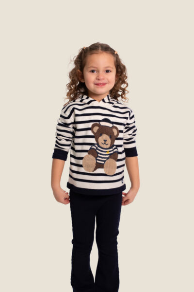 Ensemble fille en maille, pull rayé animation ours et pantalon évasé