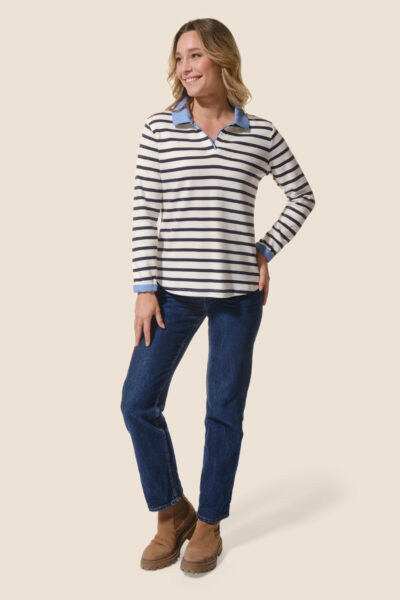 Tee-shirt femme manches longues col et revers chambray
