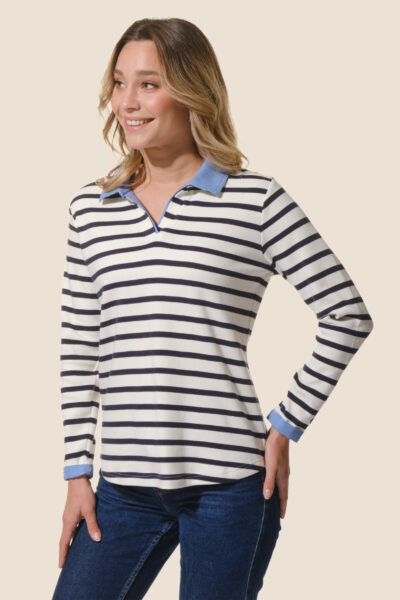Tee-shirt femme manches longues col et revers chambray